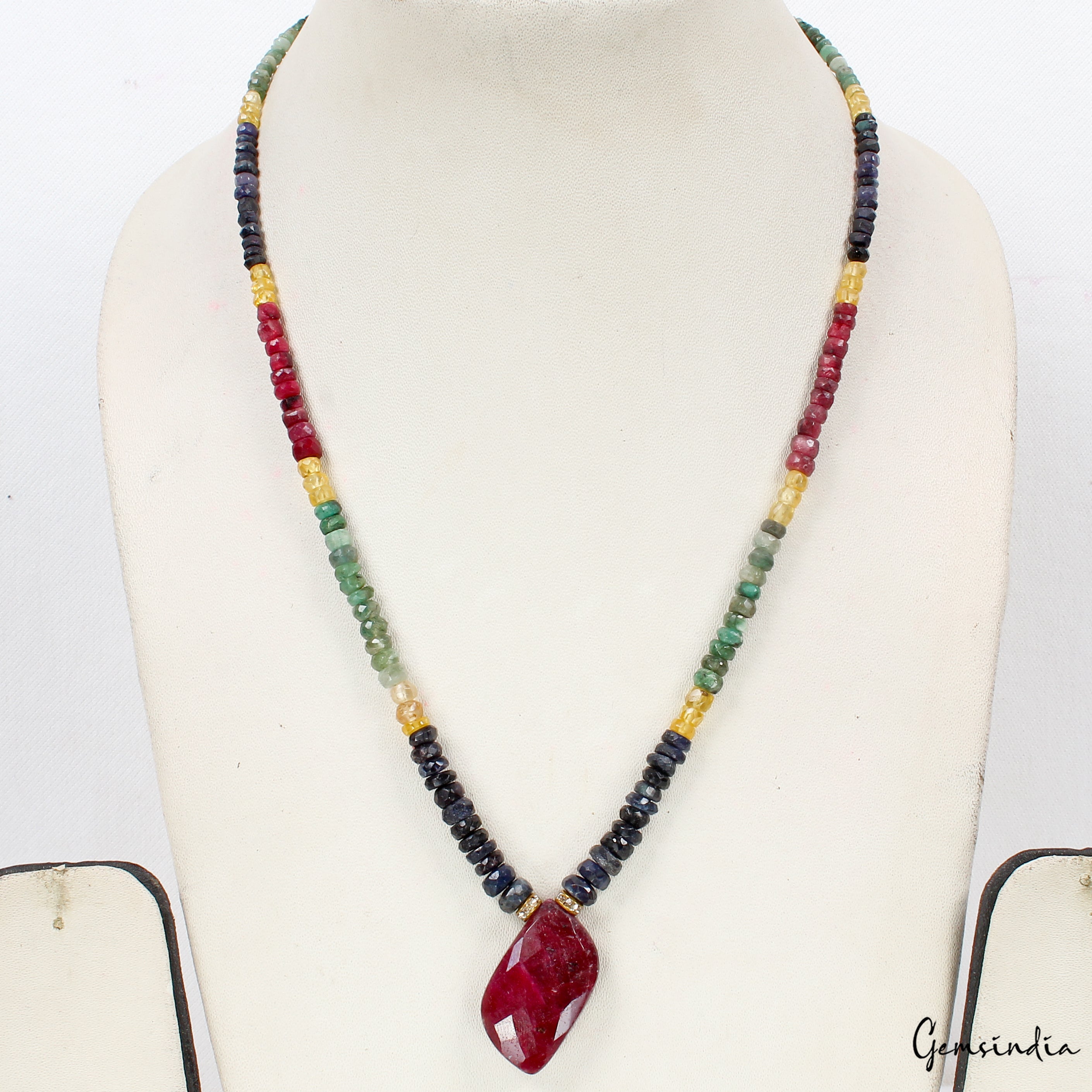 One Strand Natural Emerald Ruby Sapphire Necklace Faceted Beads w/Ruby Briolette