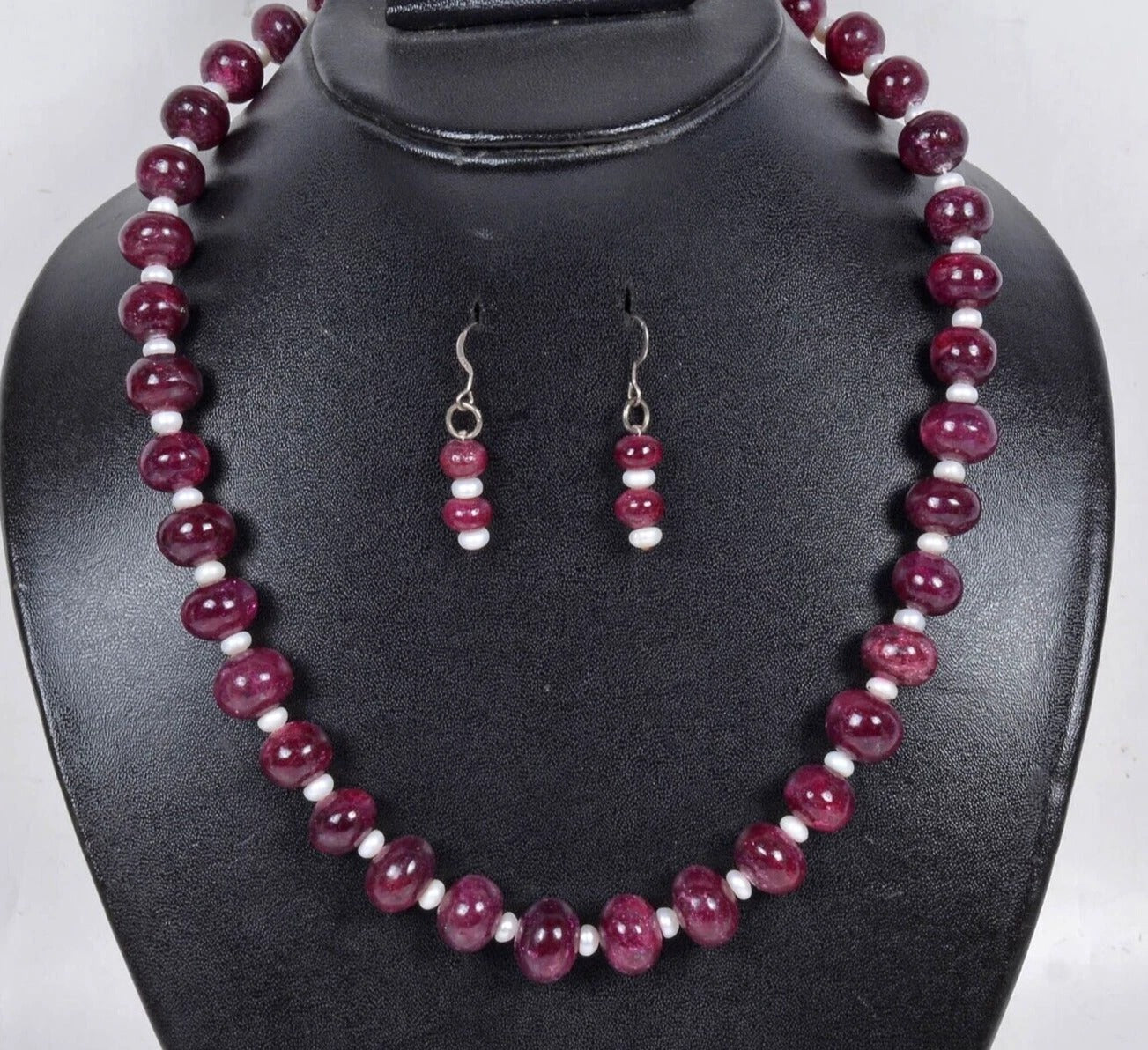 Natural Red Ruby & Pearl Bead Necklace & Drop Earrings Set Elegant Gift~660 Cts