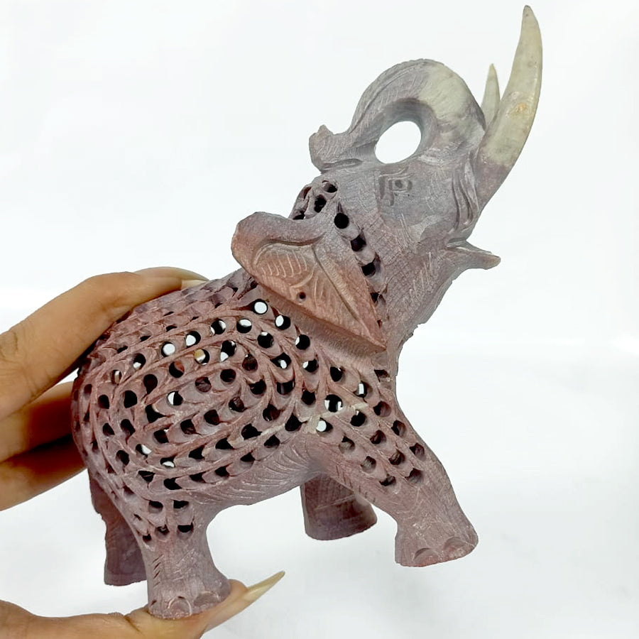 Hand crafted Soapstone Filigree 1540 Cts Trunk Up Elephant Home Decor Sculpture