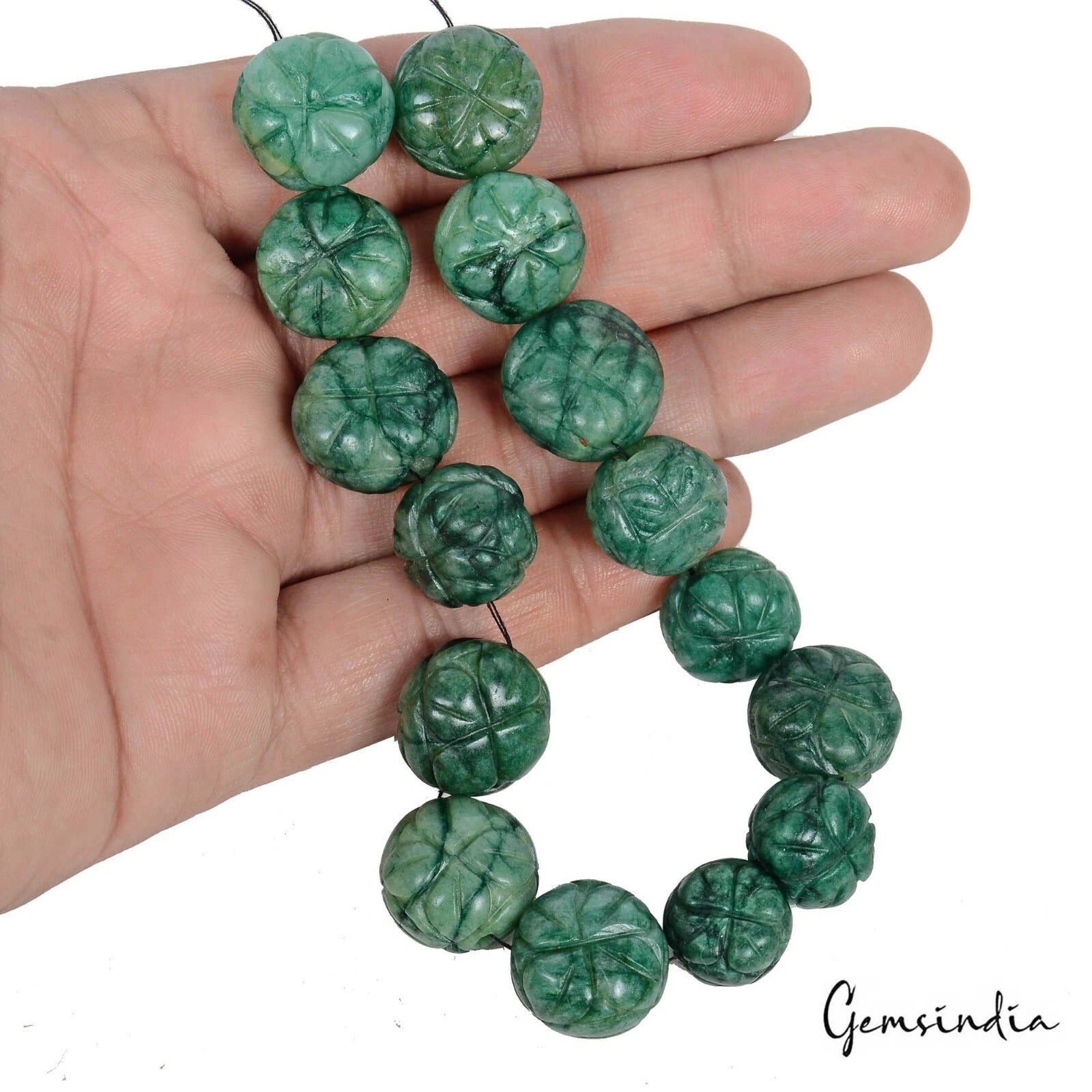Natural Green Emerald Melon Carved Drilled Beads 340 Ct Loose Gemstones 15 Pcs