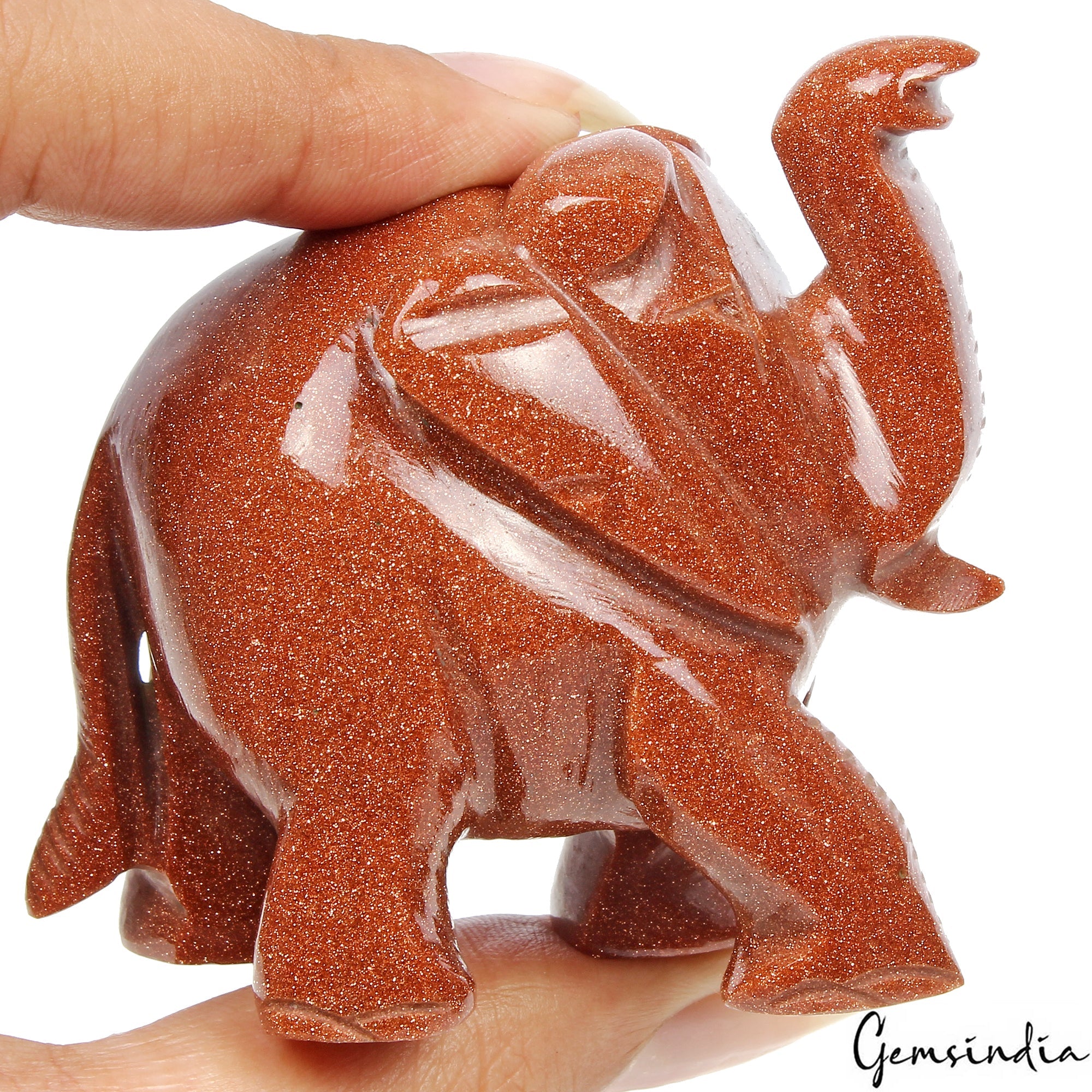 750Ct Natural Glittering Sunstone Elephant Hand Crafted Sculpture/Home Decor Art
