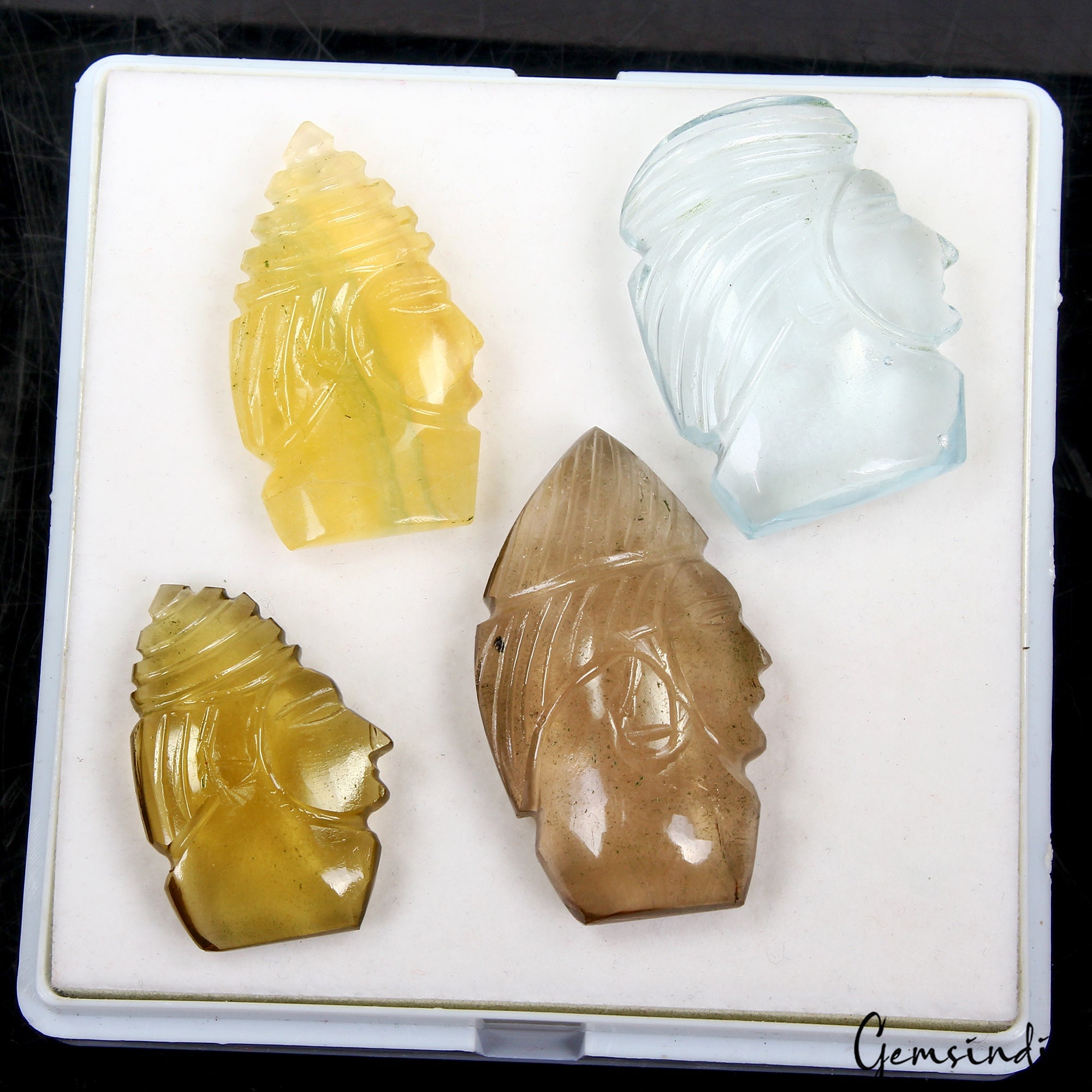 280 Ct/4Pcs Natural Fluorite Gemstones Warrior Head Pocket Size Carved Sculpture