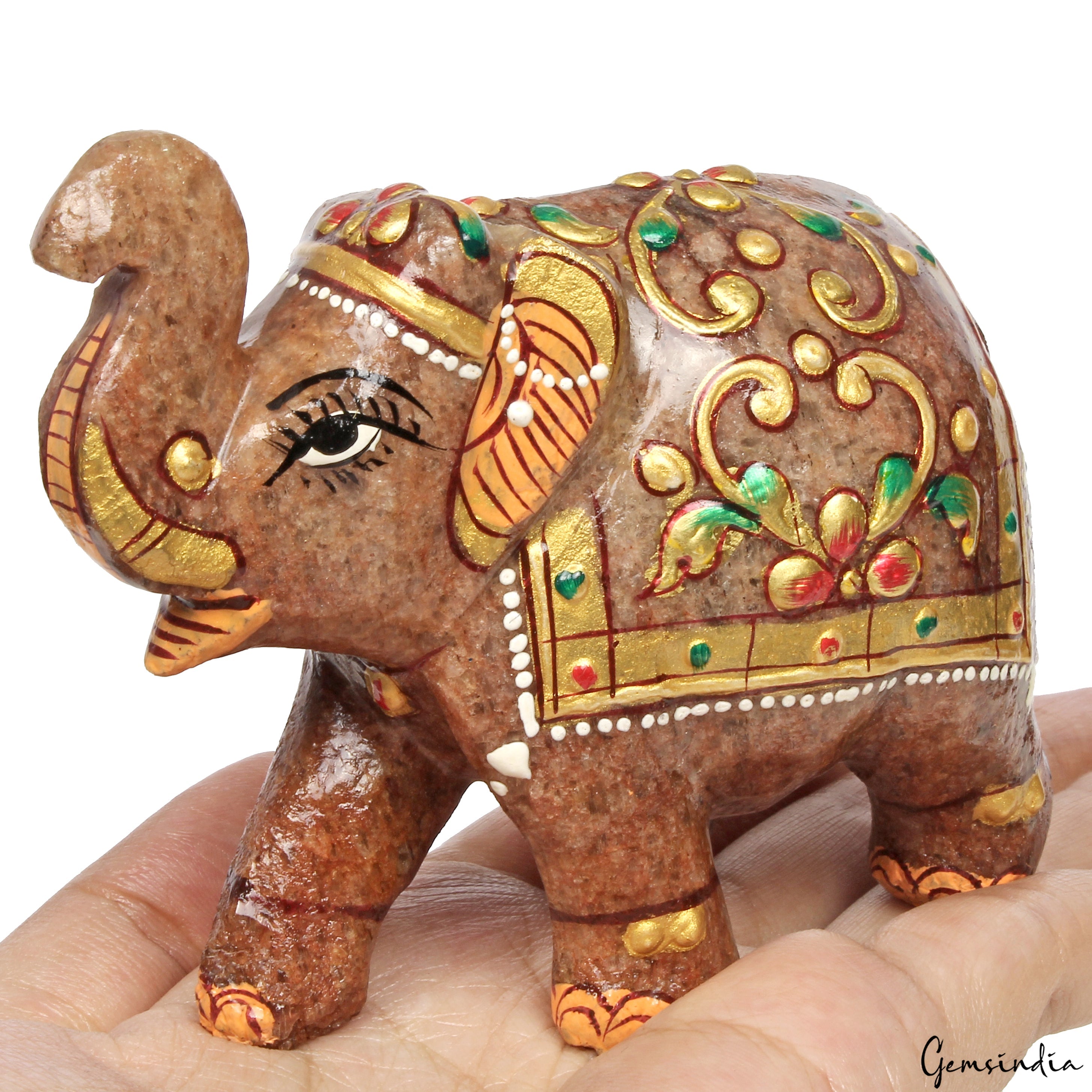 Hand Crafted 1520 Cts Natural Aventurine Trunk Up Elephant Sculpture/Home Decor