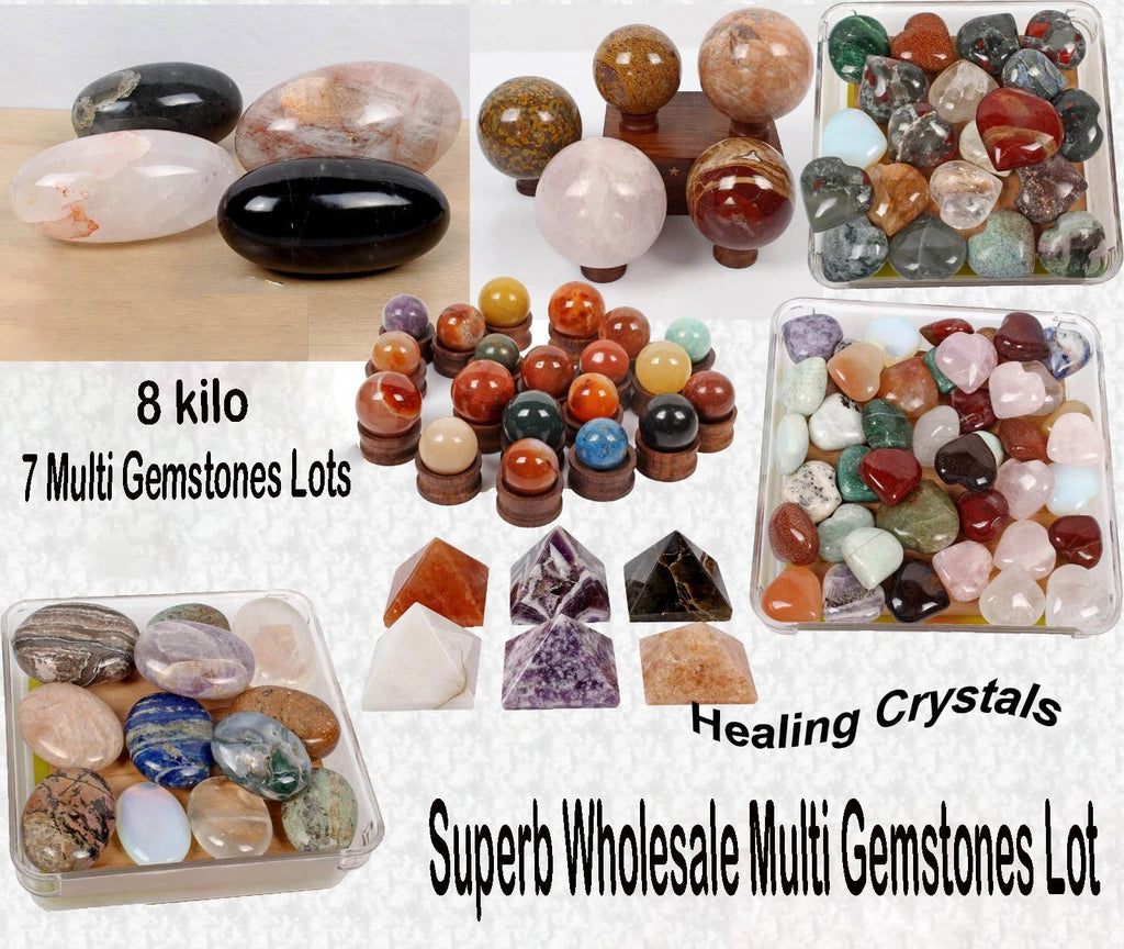 8 Kilo Mixed Gemstone Minerals Lot – Heart Sphere Egg Pyramid Palmstone 109 Pcs