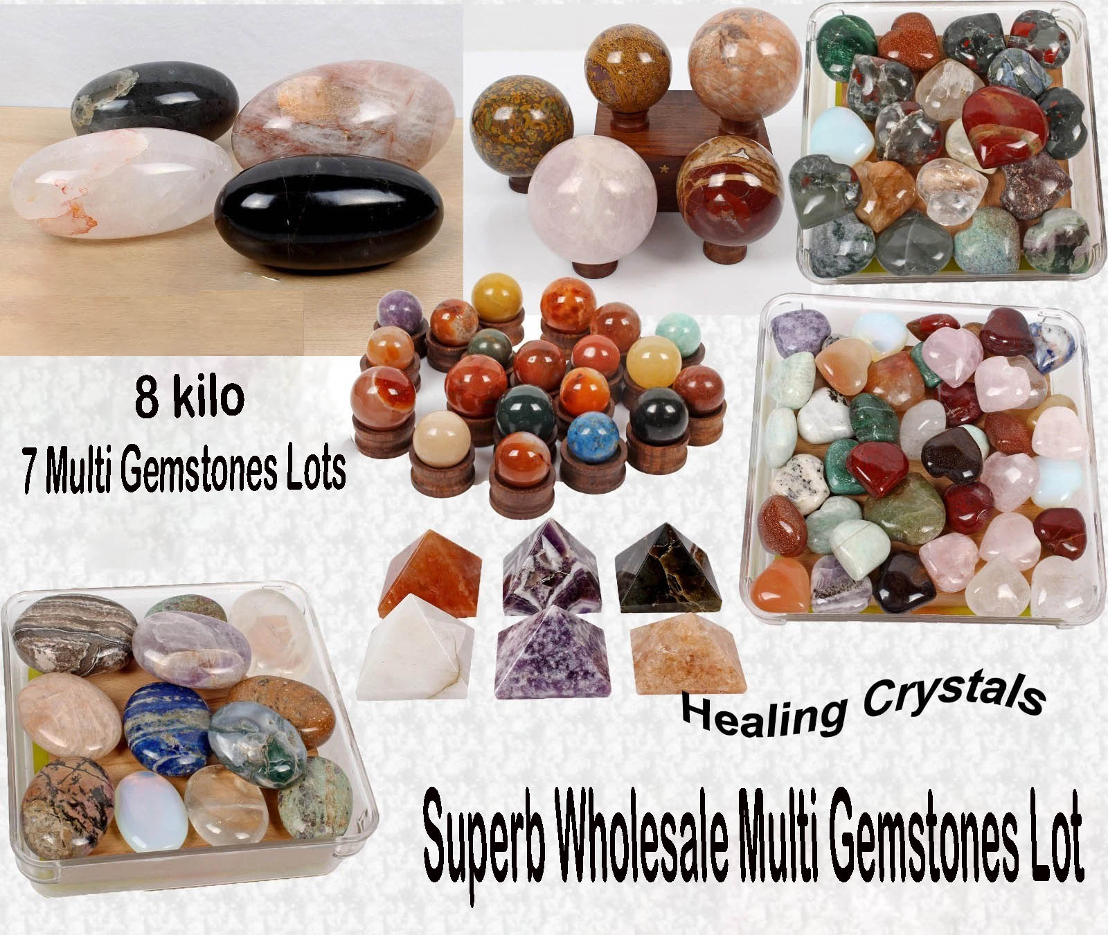 8 Kilo Mixed Gemstone Minerals Lot – Heart Sphere Egg Pyramid Palmstone 109 Pcs