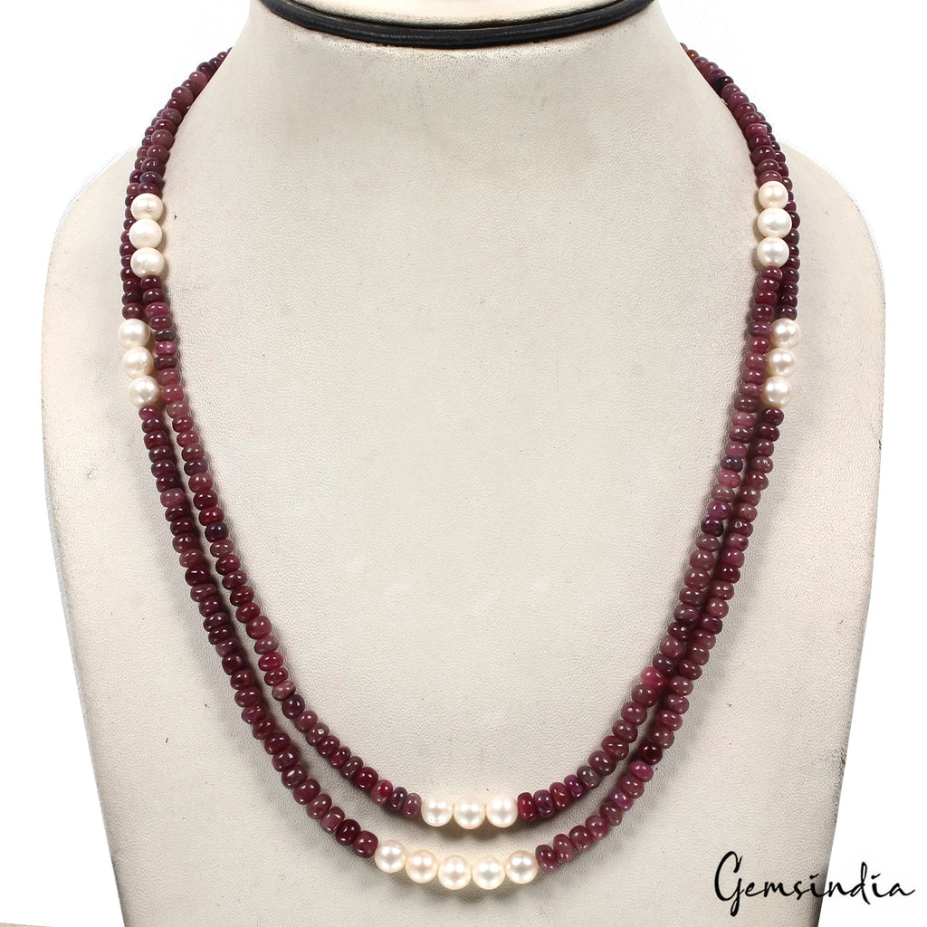 260.4 Ct Natural Red Ruby Freshwater Pearl Beaded Handmade Designer Necklace 20"