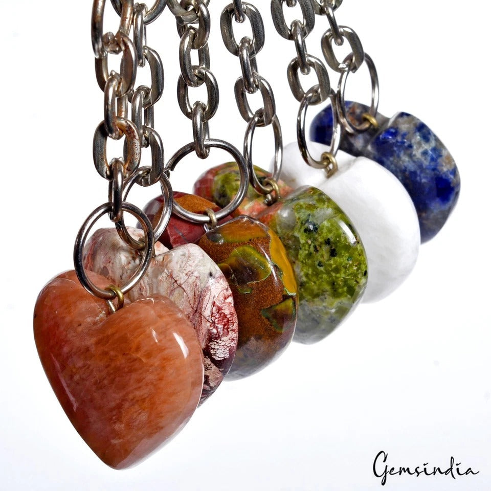6 Pcs Beautiful Natural Multi Color Gemstones Heart Shape Key Chains for Gift