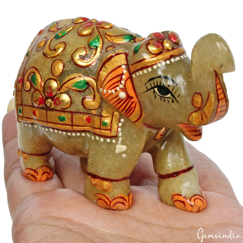 830 Ct Hand Crafted Gold Painted Trunk Up Elephant Natural Aventurine Sculpture