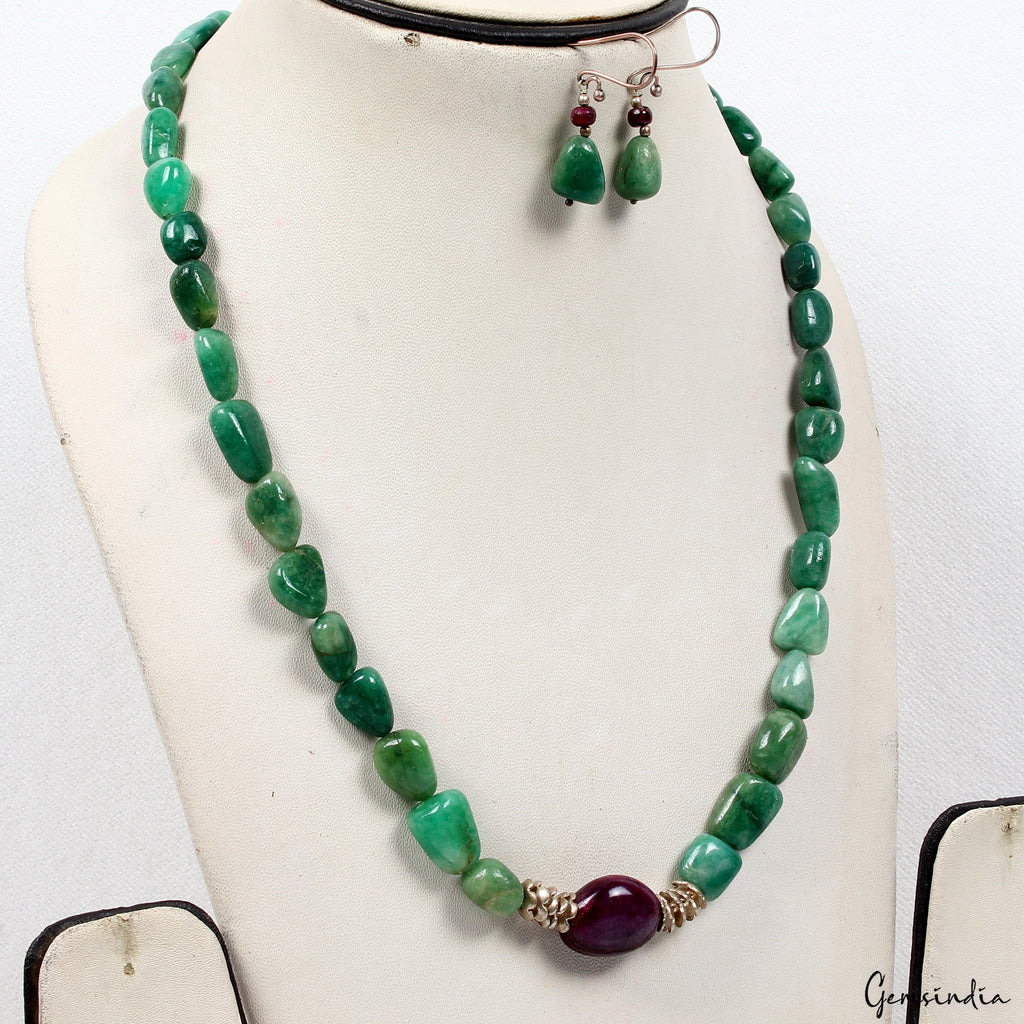 325 Ct Natural Emerald Ruby Tumble Cab Beaded Handmade Necklace with Earrings