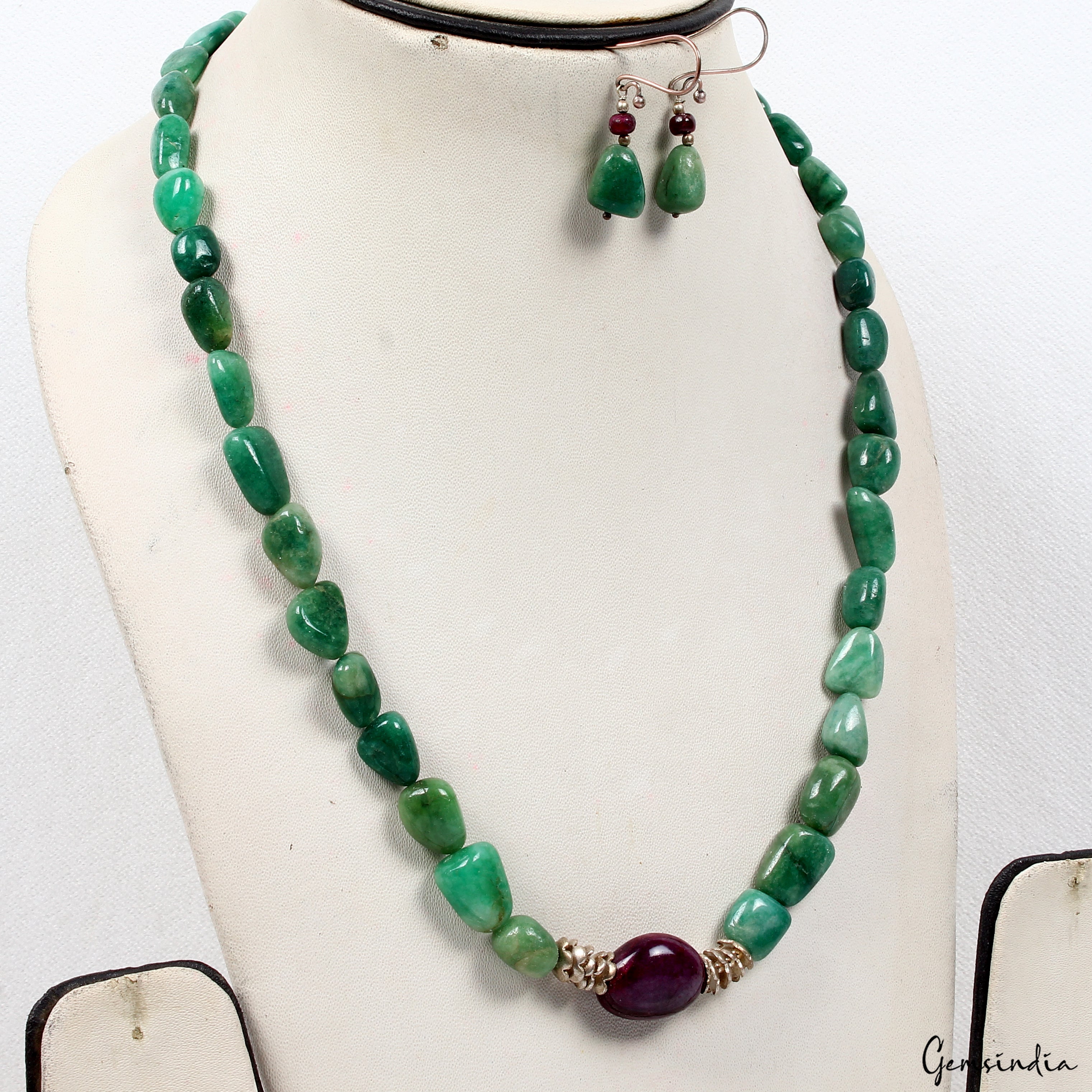 325 Ct Natural Emerald Ruby Tumble Cab Beaded Handmade Necklace with Earrings