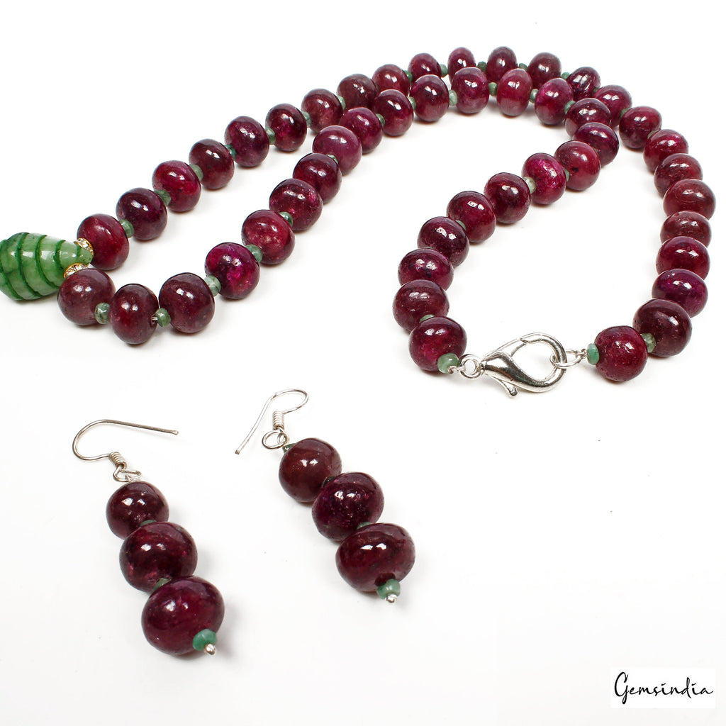 770 Carat Natural Red Ruby Green Emerald Beaded Hand Made Fancy Necklace/Earring
