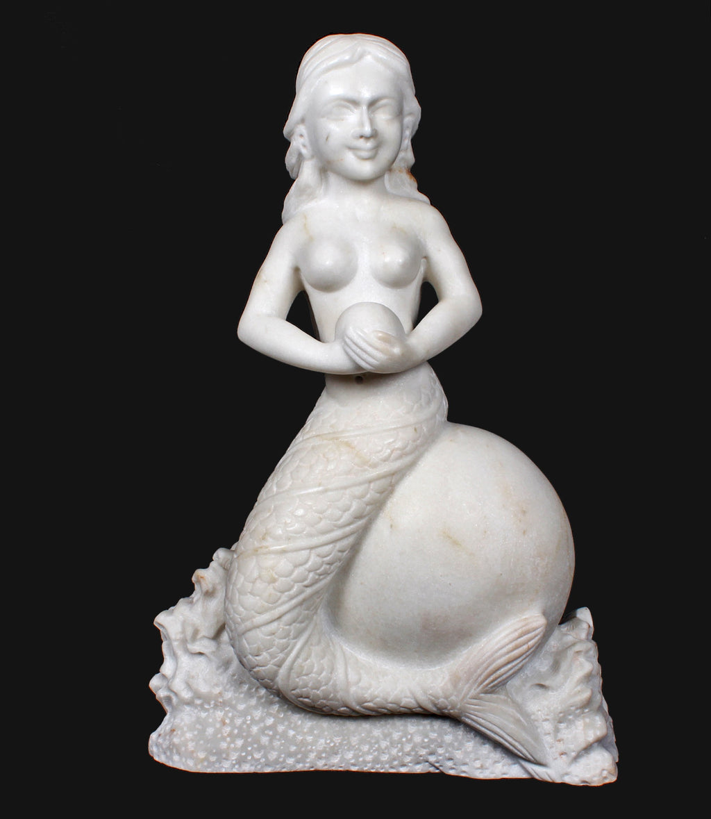 18" Tal Beautiful Mermaid Sitting on Rock Statue Sculpture Figurine White Marble