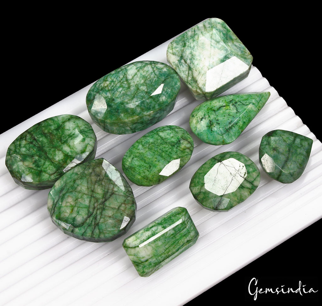 1400 Cts/9 Pcs Natural Green Emerald Mix Cut Loose Wholesale 29mm-48mm Gems Lot
