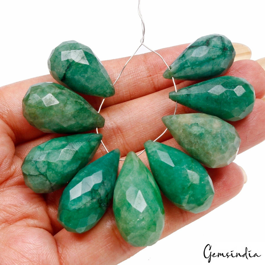 9 Pcs Natural Emerald 22mm-29mm Checker Cut Drilled Briolettes Loose Gemstones