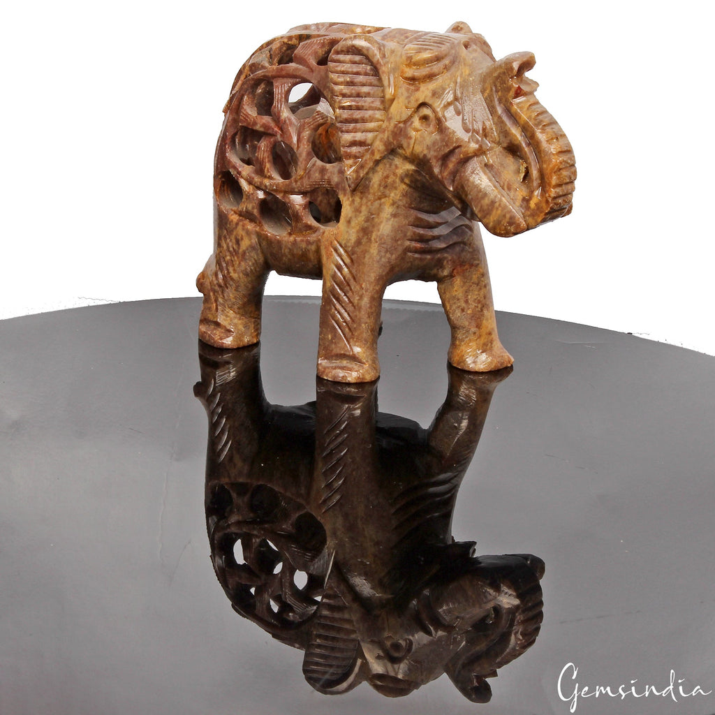 1370 Cts Soapstone Trunk Up Elephant Statue Animal~ Baby inside Tummy Sculpture