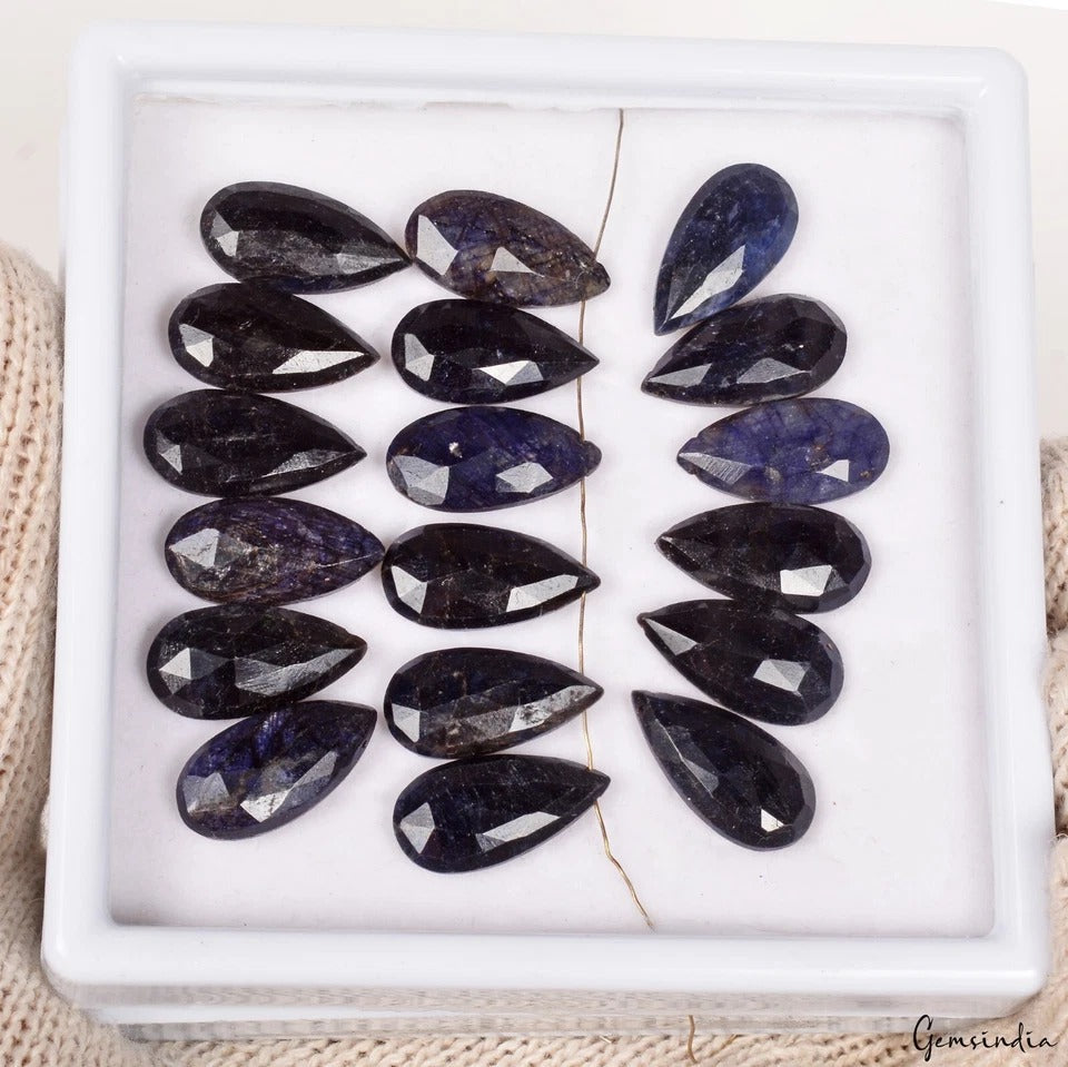 18 Pc Natural Blue Sapphire Pear Checker Cut 19x10mm Drill Bead Gems For Jewelry