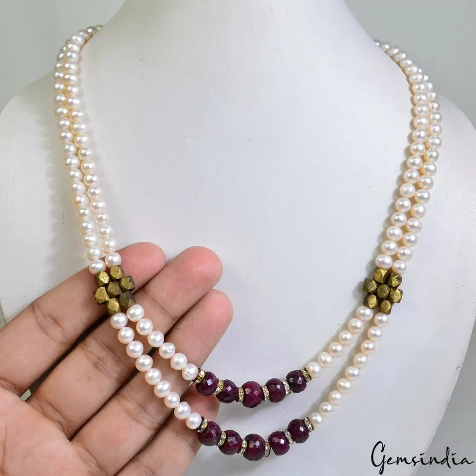 316.20 Cts Natural Freshwater Pearl & Red Ruby Round Beaded Handmade Jewelry Set