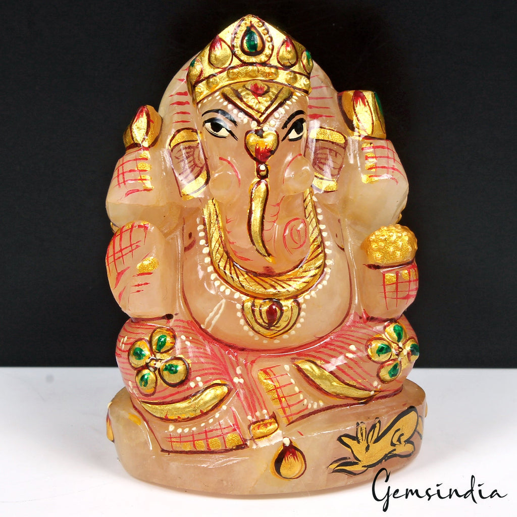 880 Cts Idol Statue Ganesha Natural Rose Quartz Stone God Hand Painted 2.7 in
