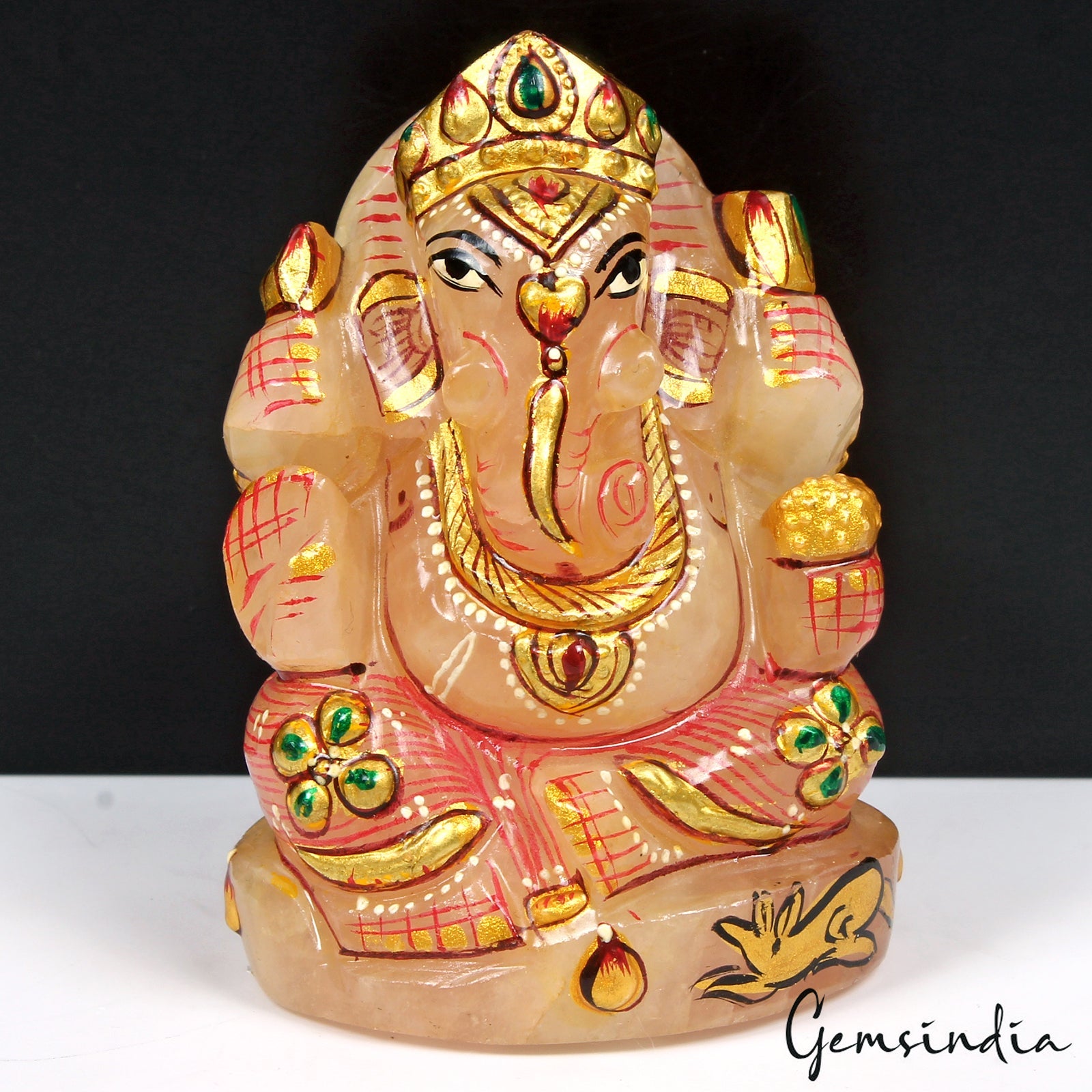 880 Cts Idol Statue Ganesha Natural Rose Quartz Stone God Hand Painted 2.7 in