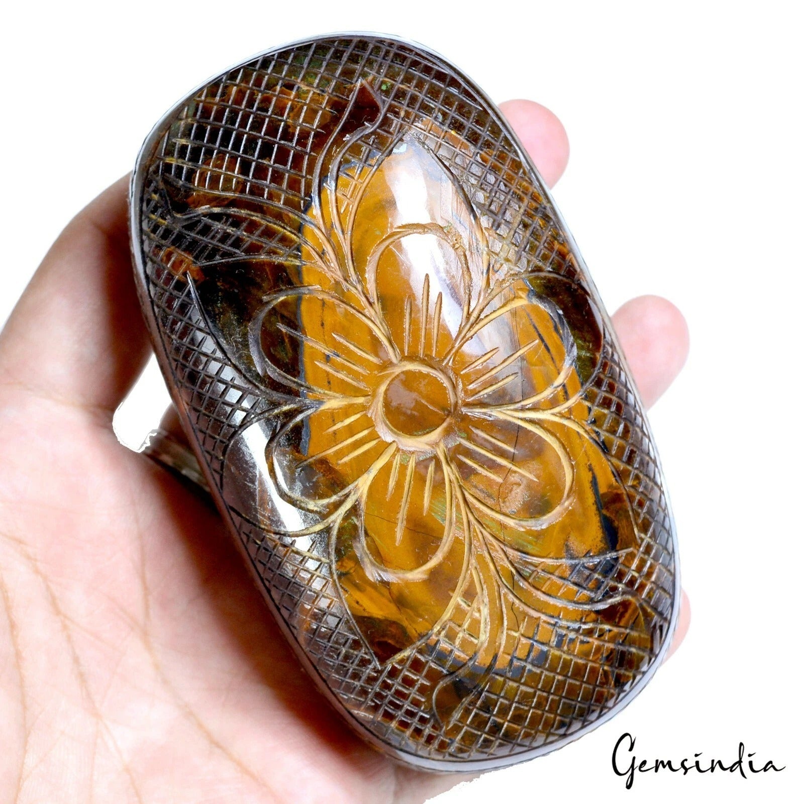 Huge 2260 Cts Natural Tiger eye Untreated Oval Shape Floral Hand Carved Gemstone