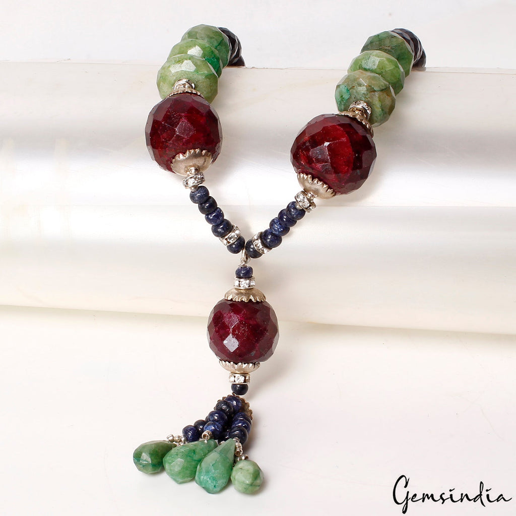 Handmade 19" Long Natural Sapphire Necklace with Emerald/Ruby Gem Beads~ 640 Cts