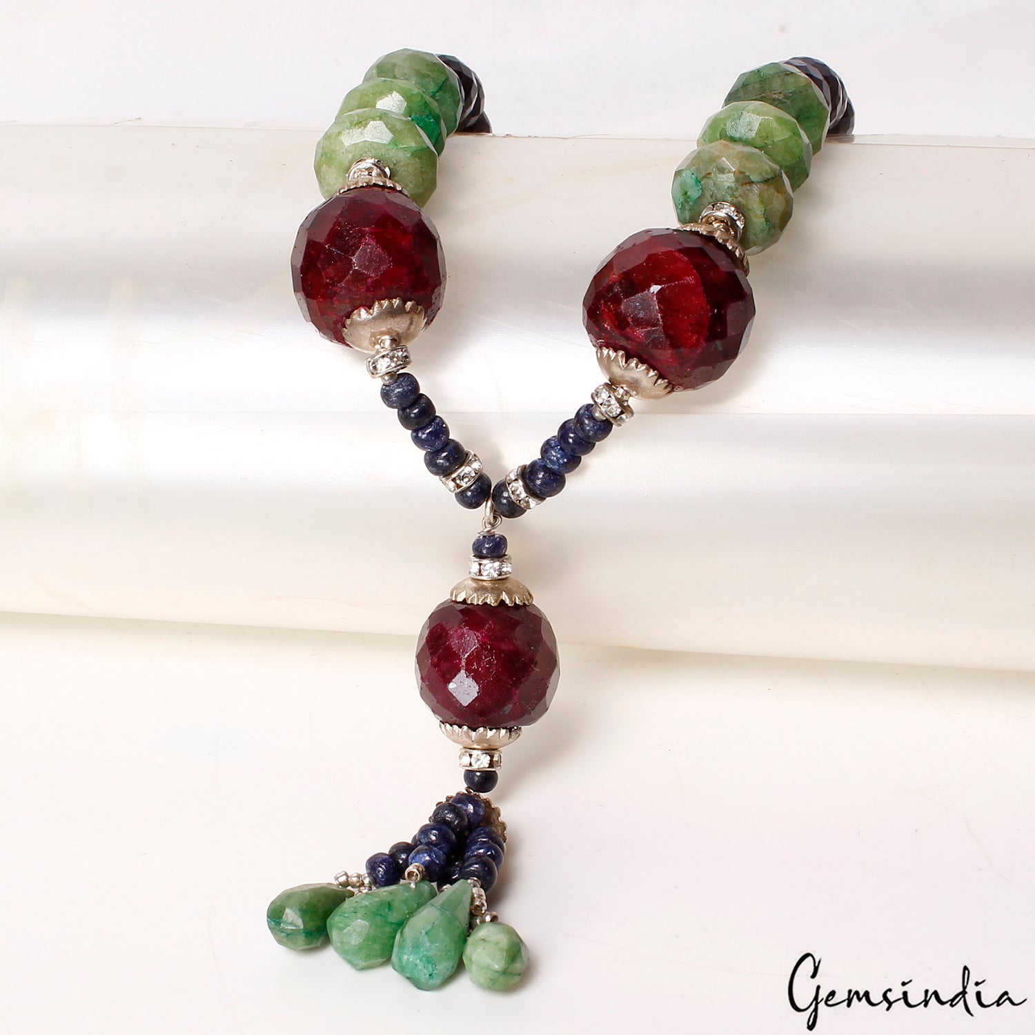 Handmade 19" Long Natural Sapphire Necklace with Emerald/Ruby Gem Beads~ 640 Cts