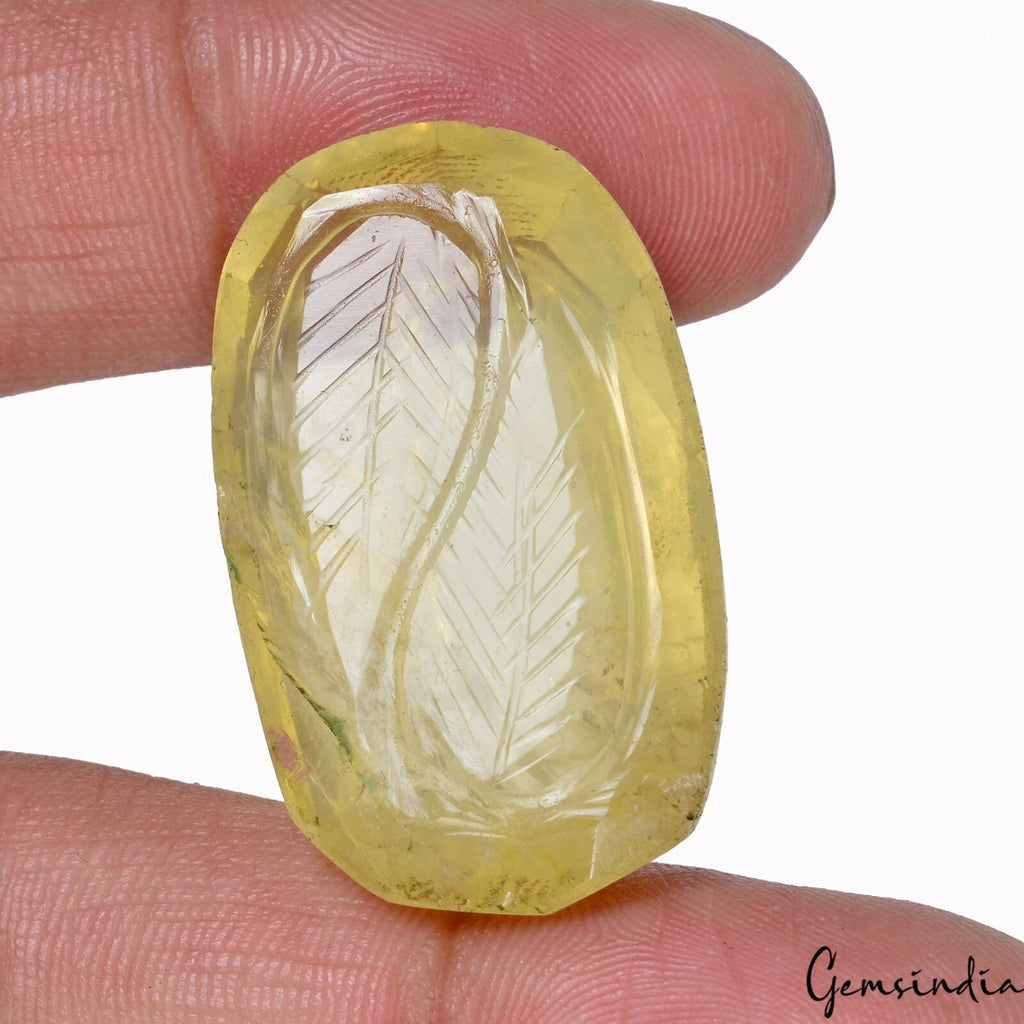 Lemon Quartz Loose Gemstone, Oval Carved, Untreated — 33x20x11 mm, 62.00 Ct, Brazil