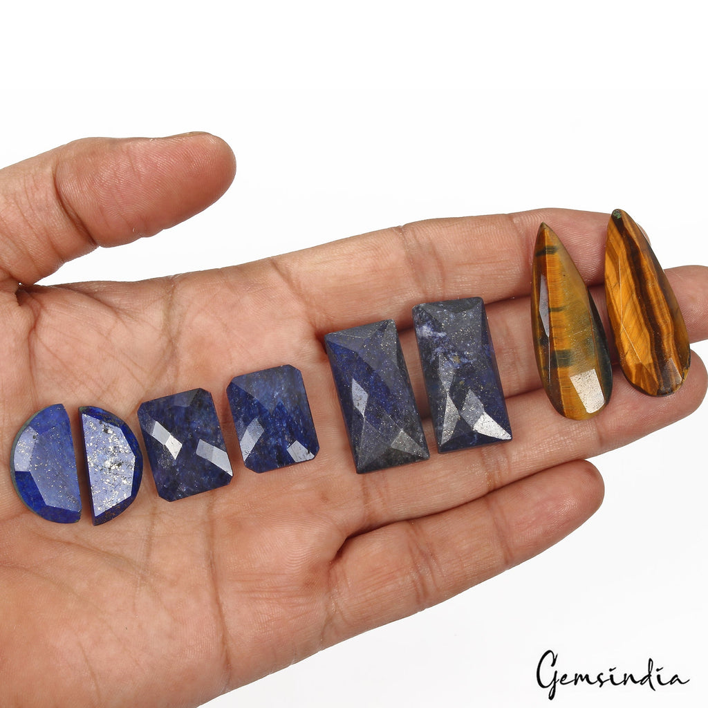 169.70 Ct/8 Pcs Natural Tiger Eye Lapis Lazuli Sapphire Mix Cut Gems 4 Pairs Lot