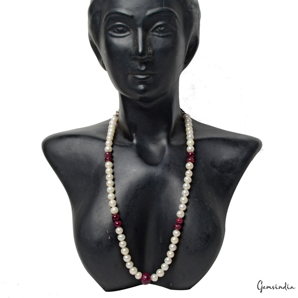 239.60 Cts Freshwater Pearl Red Ruby Cab Round Beaded Single Strand Necklace 21"