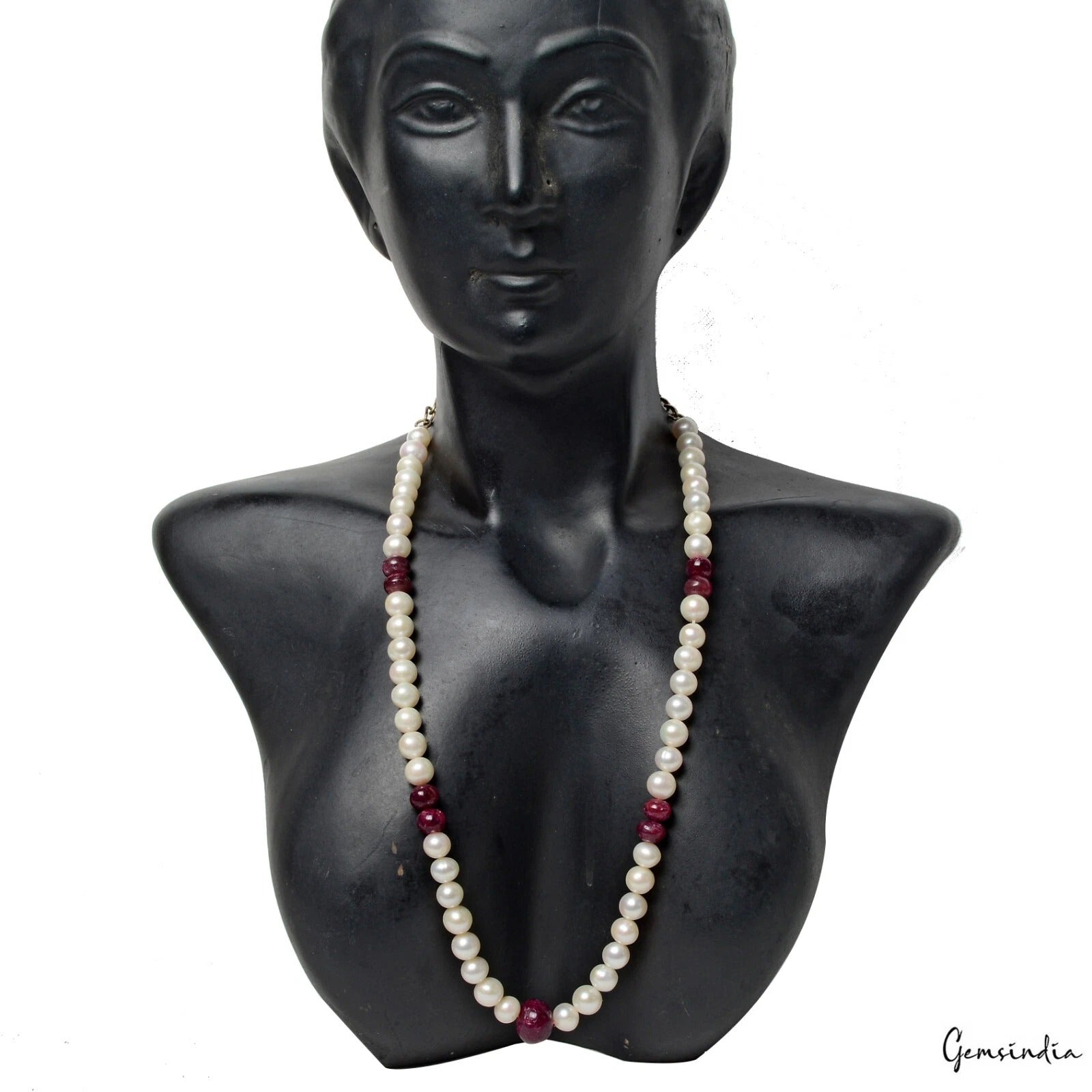 239.60 Cts Freshwater Pearl Red Ruby Cab Round Beaded Single Strand Necklace 21"