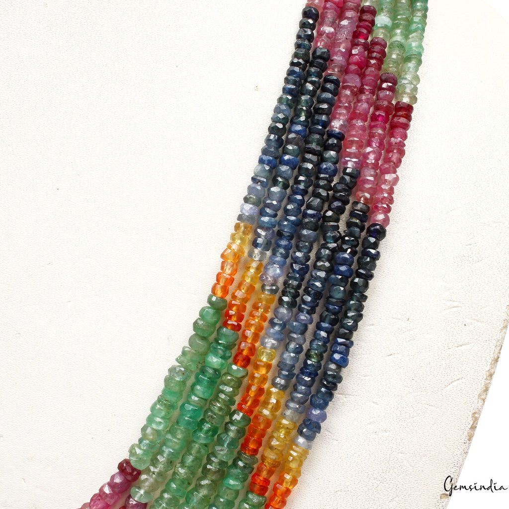 7 Strands Untreated Ruby Emerald Sapphire Beaded Designer AAA Necklace 350 Cts
