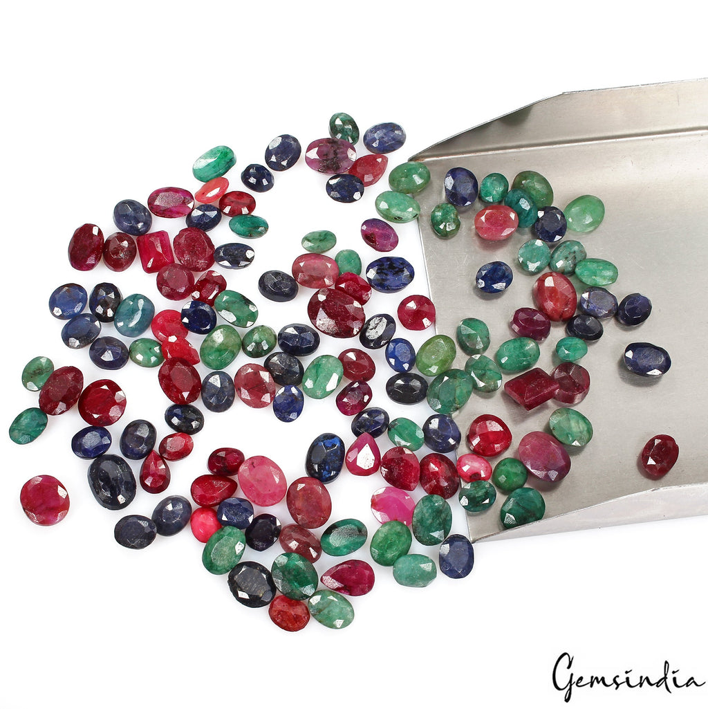 340 Ct/130 Pc Natural Multi Color Emerald Ruby Sapphire Mix Cut Gems For Jewelry