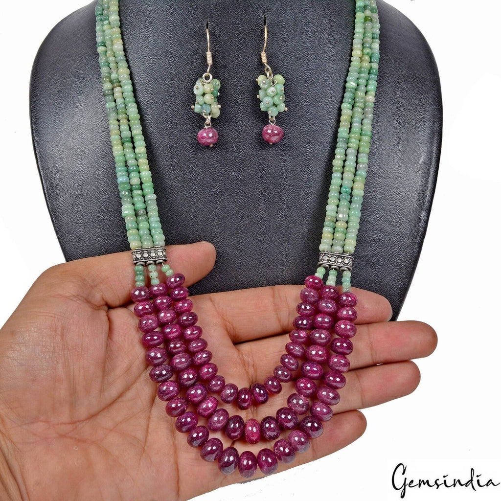 614.30Ct Natural Ruby Emerald Beads Cabochon Stones Handmade Necklace w Earrings