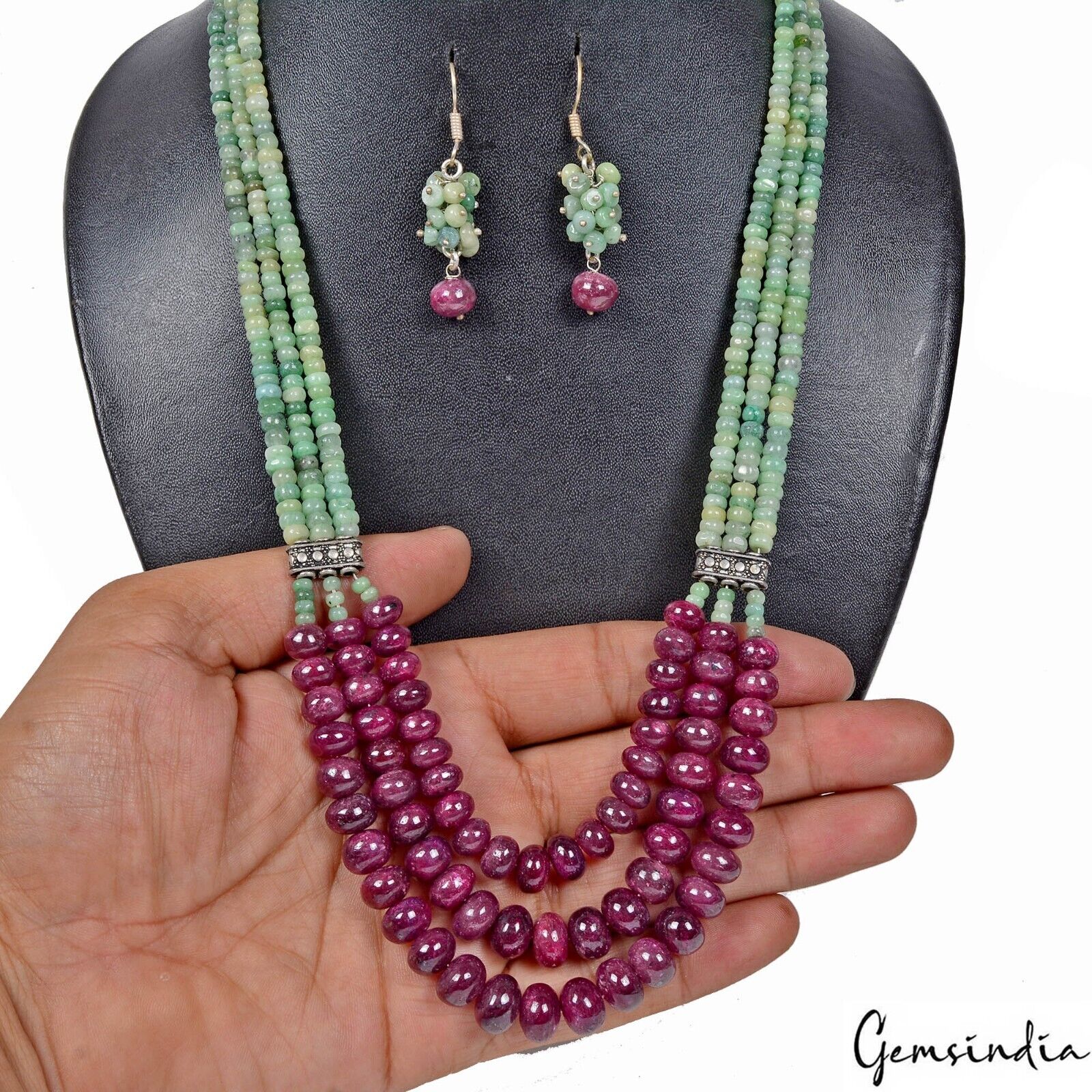 614.30Ct Natural Ruby Emerald Beads Cabochon Stones Handmade Necklace w Earrings