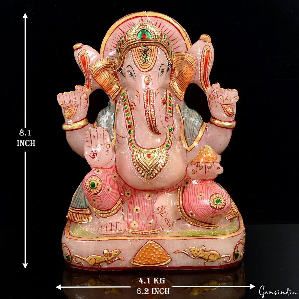 Large 4.1 Kilo Rose Quartz Hand Crafted Gold Painted Ganesha Home Idol Sculpture