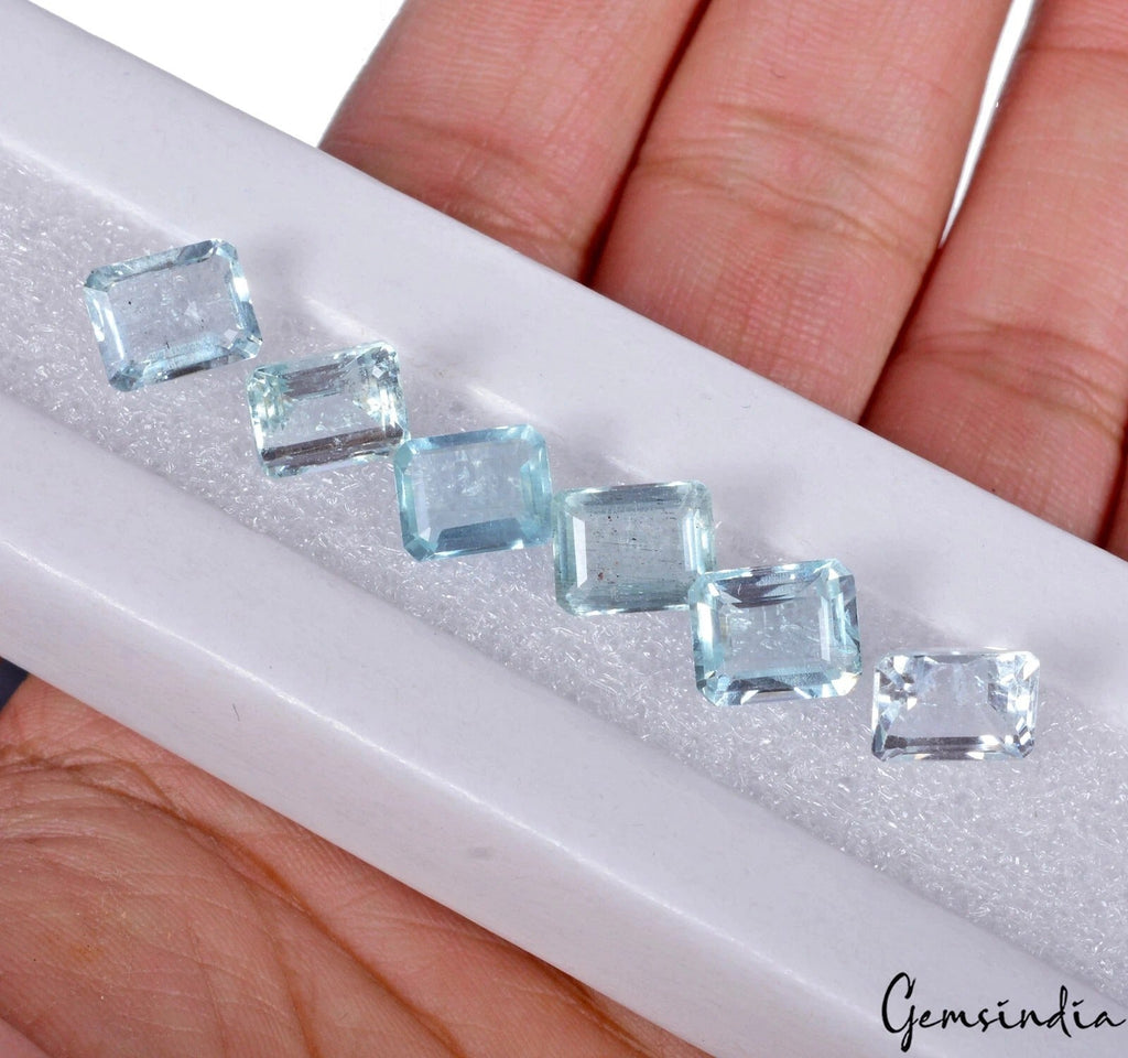 Natural AAA Aquamarine 8-9mm Loose Emerald Cut Unheated Gemstones 13.90 Ct/6 Pcs