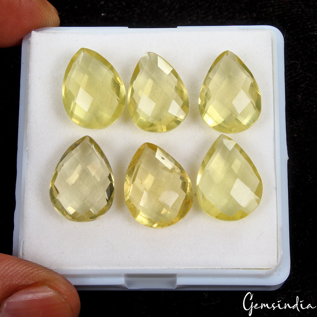 6 Pcs Natural Lemon Citrine Quartz Pear Checker Cut Untreated 15x11mm Gemstones~
