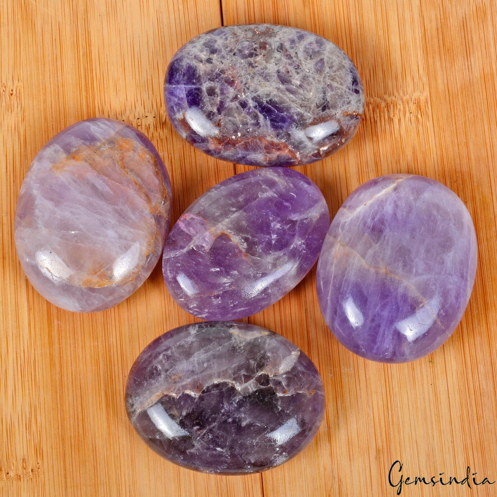 2120 Ct/5 Pcs Natural Amethyst Quartz Polished Palm Stone Decor Reiki Healing