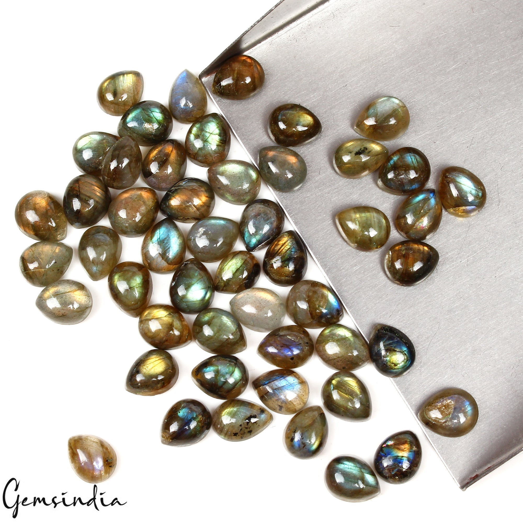148.20 Ct/50 Pc Natural Fire Shine Labradorite Pear Cab 9-10mm Loose Gemstones