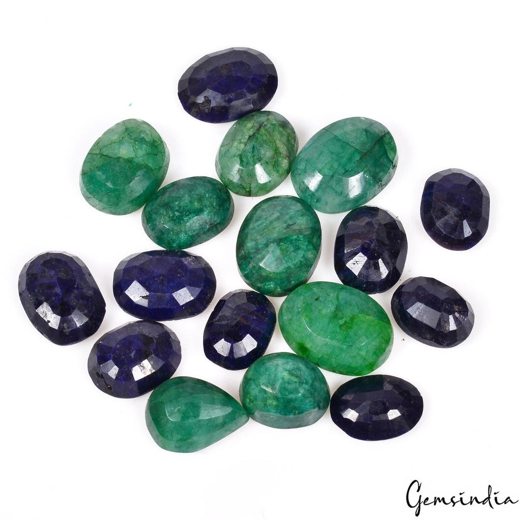 190.00 Ct Natural Blue Sapphire Emerald Mix Cut Faceted Loose Gemstone Lot 17Pcs
