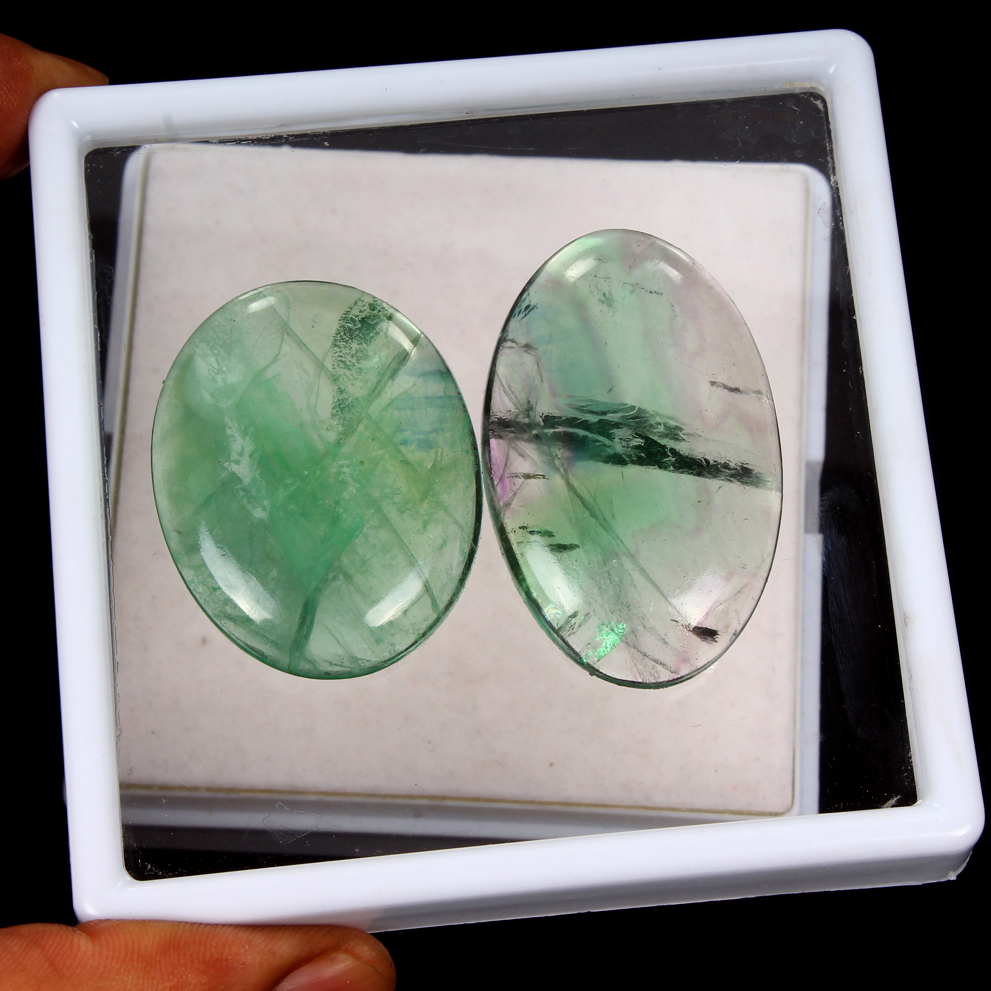 2 Pcs Natural Fluorite Oval Cabochon Loose Bi-color 41-48mm Gemstones ~ 267.80Ct