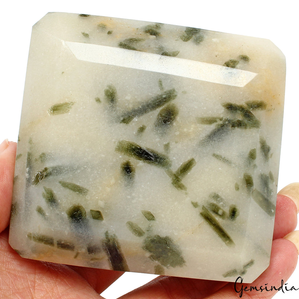 2100 Cts Natural Rutilated Quartz Black Needle Emerald Cut Collectible Gemstone
