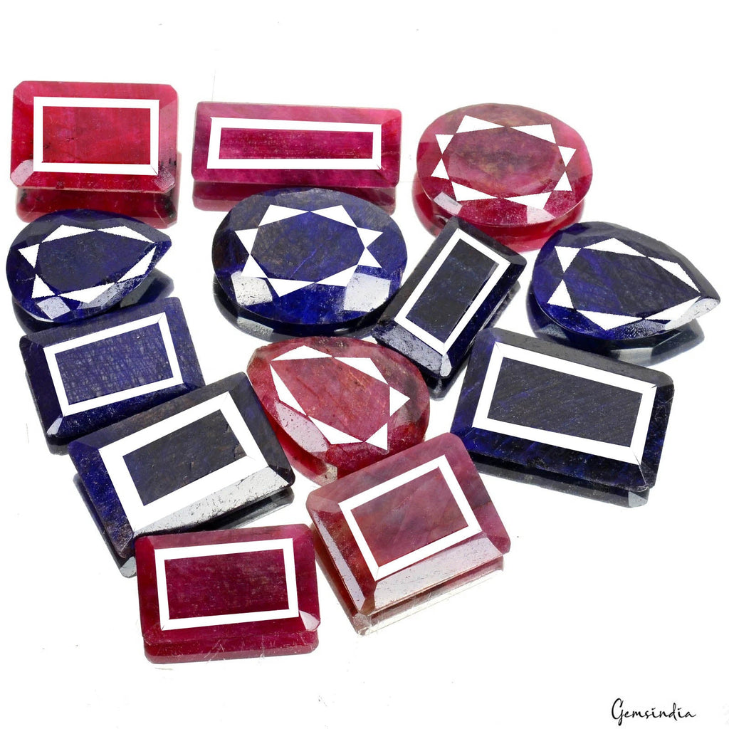 Certified 600 Cts/13 Pcs Natural Red Ruby Blue Sapphire Mixed Cut Loose Gems Lot