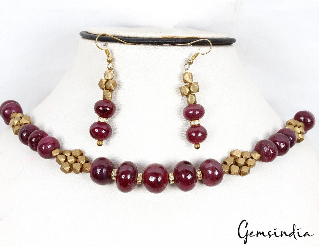 740 Ct Natural Red Ruby Gem Beaded With Golden Accessories Hand Made Jewelry Set