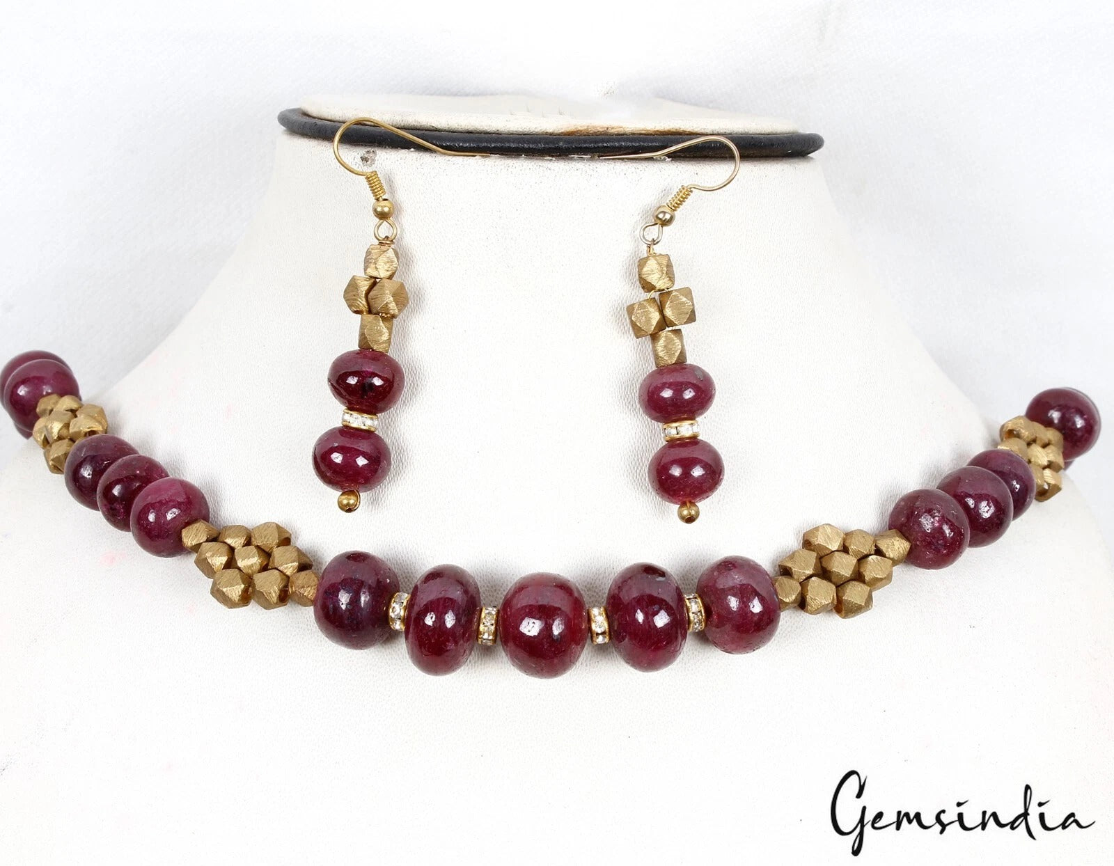 740 Ct Natural Red Ruby Gem Beaded With Golden Accessories Hand Made Jewelry Set