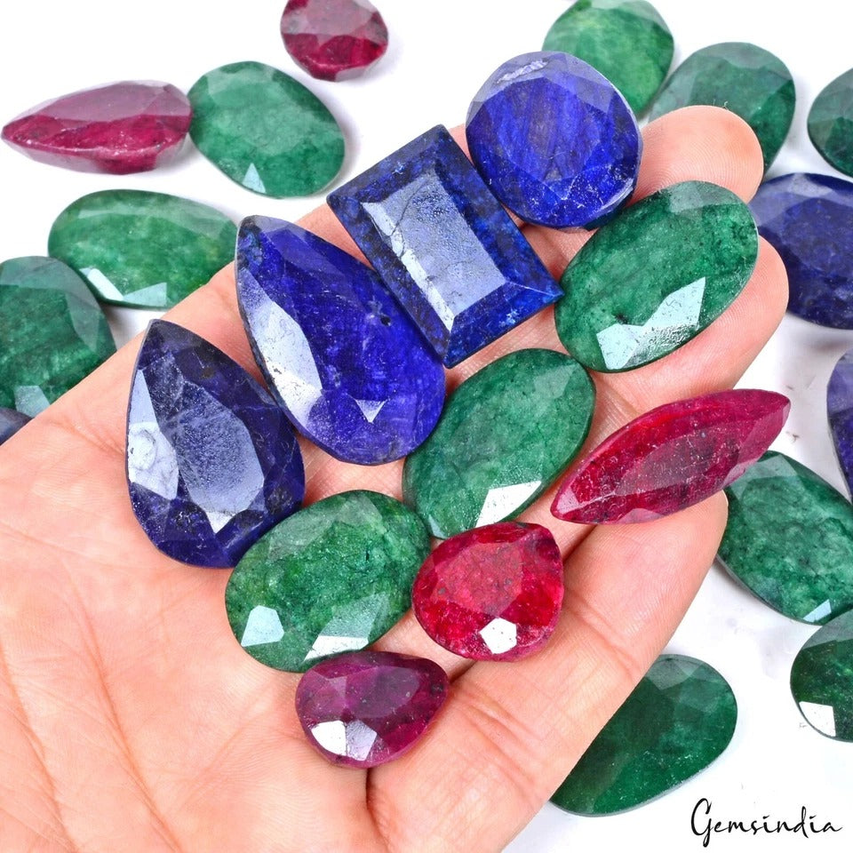 Certified 1500 Cts/35 Pcs Natural Multi Color Ruby Emerald Sapphire Mix Cut Gems