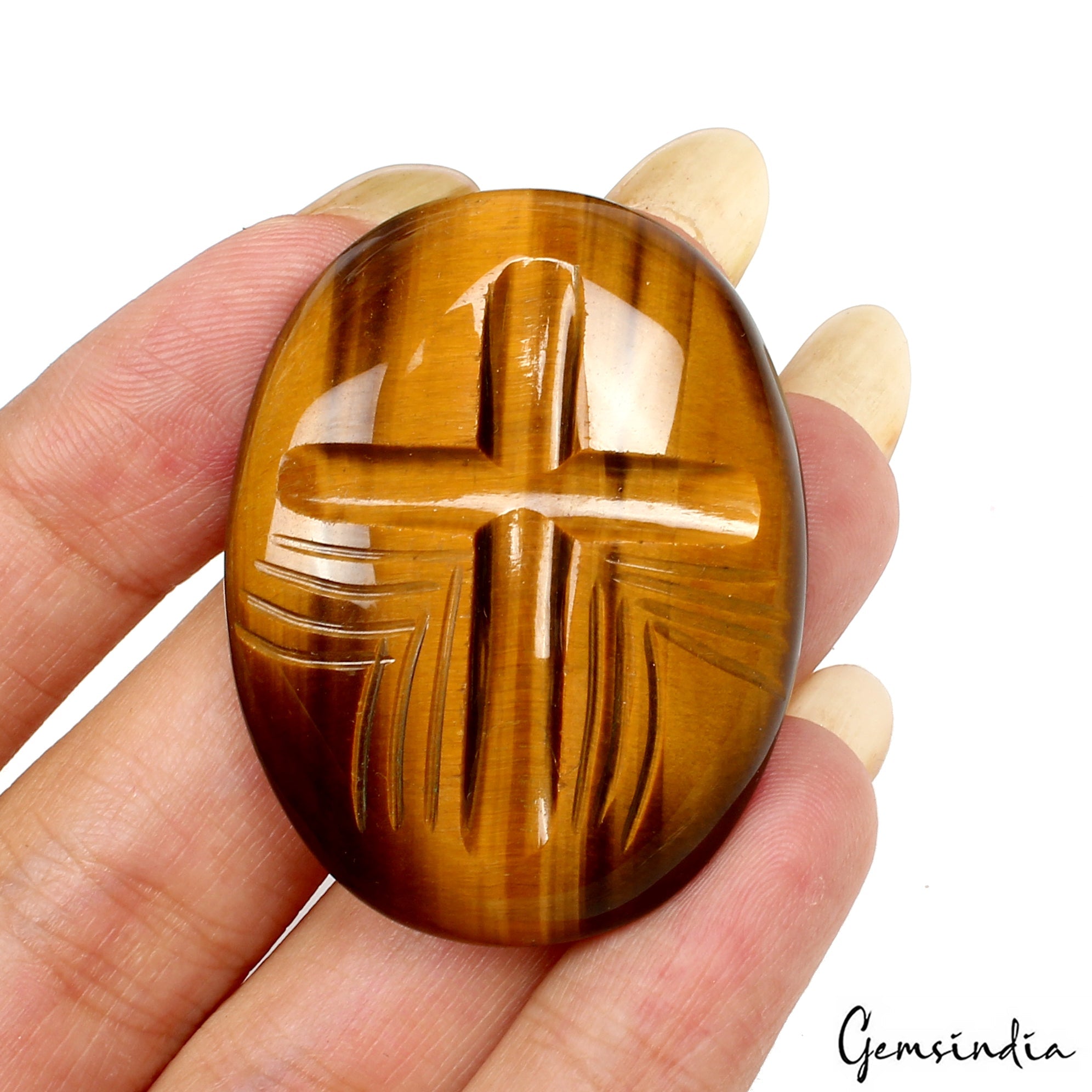 Natural Yellow Brown Tiger Eye Oval Cut Carving 74.70 Ct Loose Gems For Jewelry