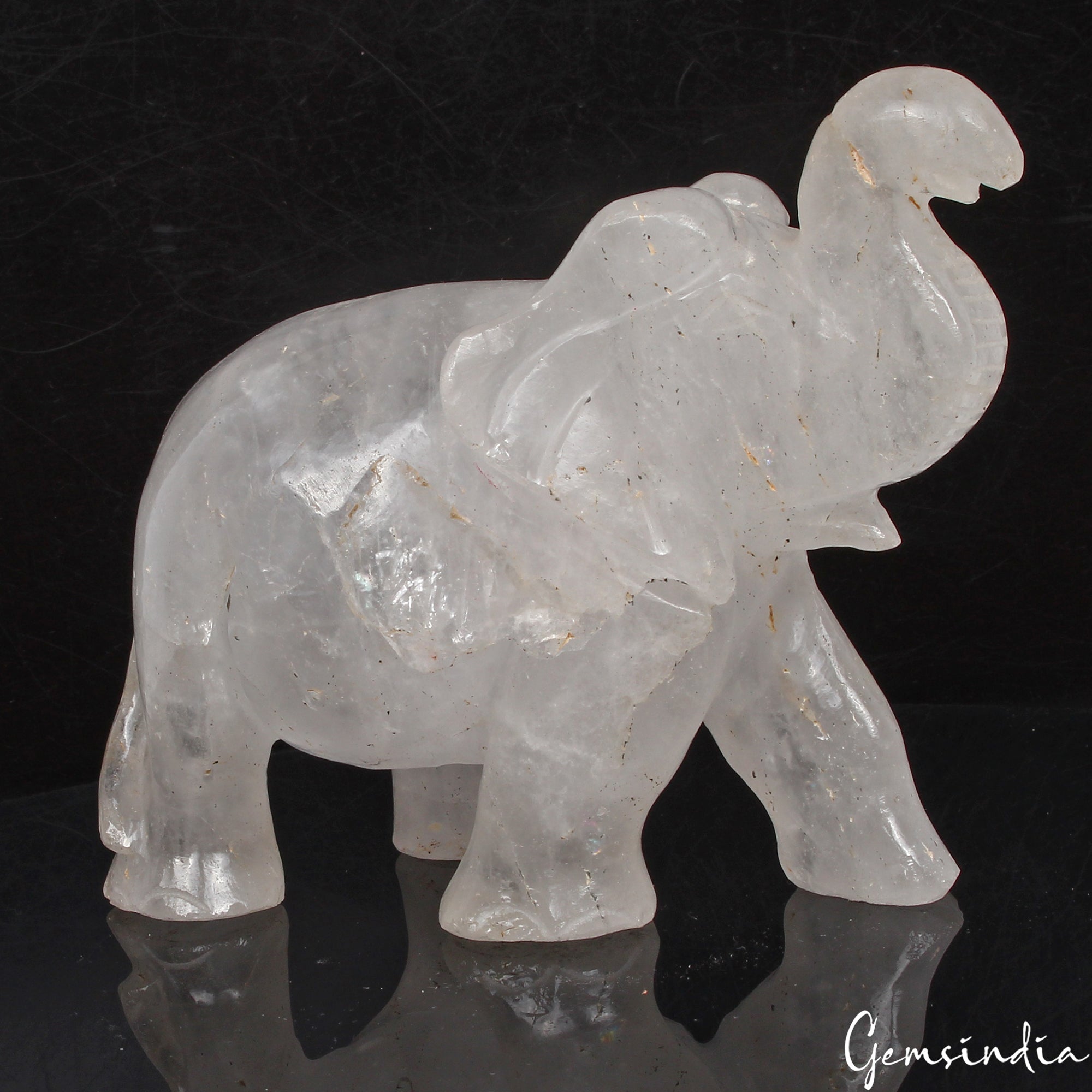 Handmade 1760 Cts Natural White Quartz Trunk Up Elephant Sculpture/Home Decor