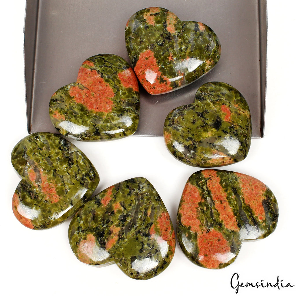 650 Ct/6Pcs Natural Untreated Bi-Color Unakite Jasper Heart Cab Gems for Jewelry