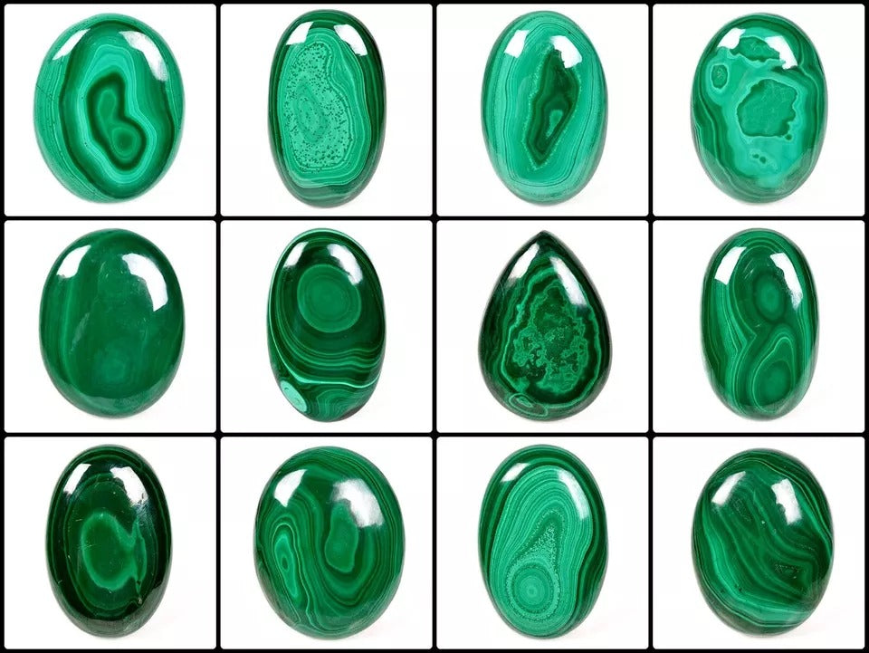 Malachite Lot, Cabochon, Untreated, Green — 12 Pieces, 41mm to 54mm, 2130 Ct, Madagascar